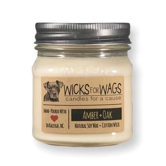 Amber + Oak | 8 oz Candle | Wicks for Wags Soy Candle